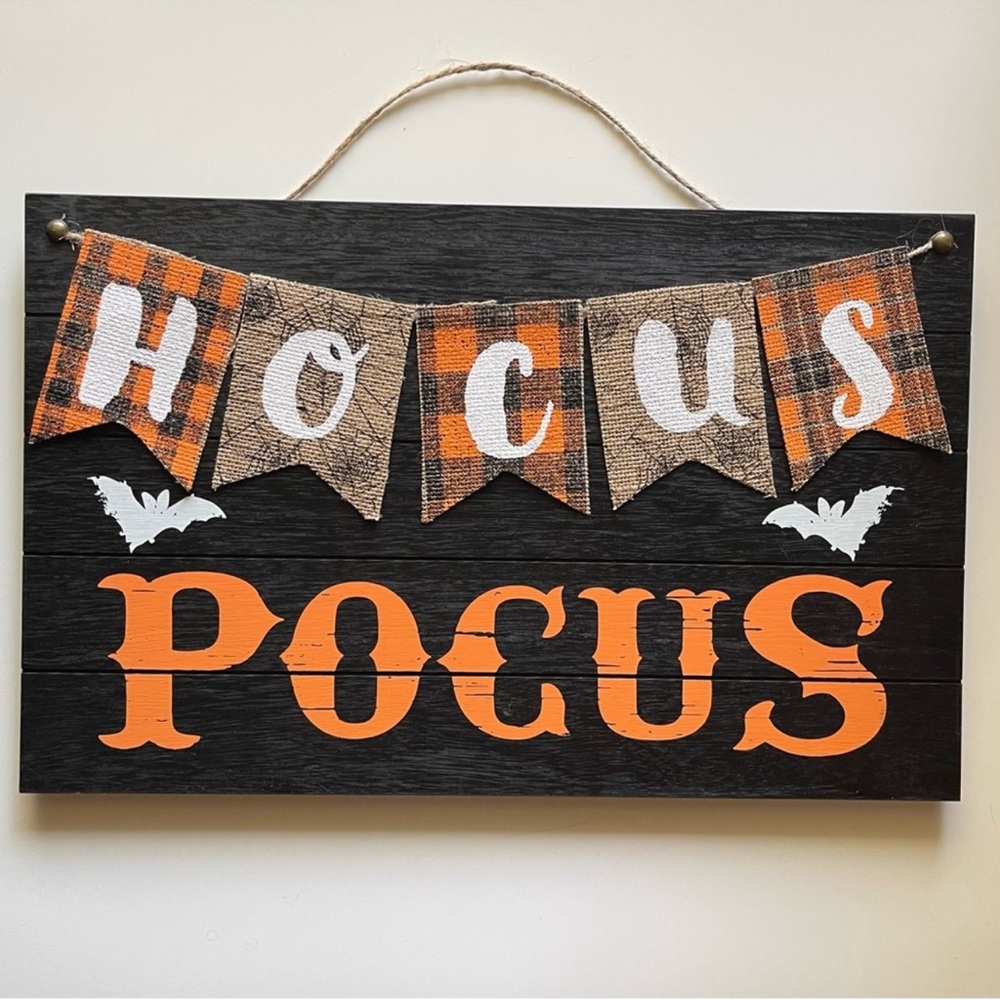 Ashland Halloween Hocus Pocus Orange and Black Wooden and Burlap Wall Sign NWT
